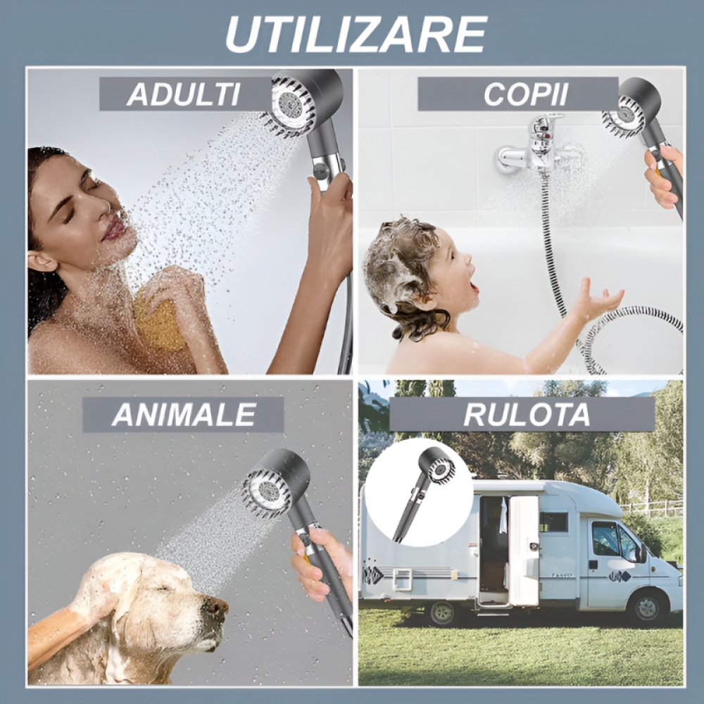  Para Dus cu Perie Masaj,  27 x 6 x 7.5 cm, 3 Moduri Presiune, Filtru pentru Captarea Impuritatilor, Gri Metalic - Engros