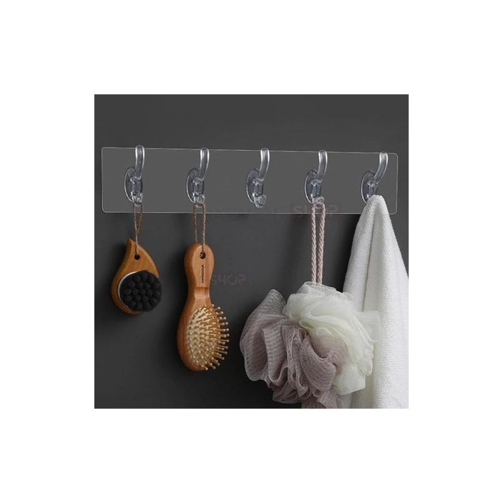  Cuier din plastic cu adeziv puternic si 5 carlige, 35 x 6 cm, Transparent - Engros