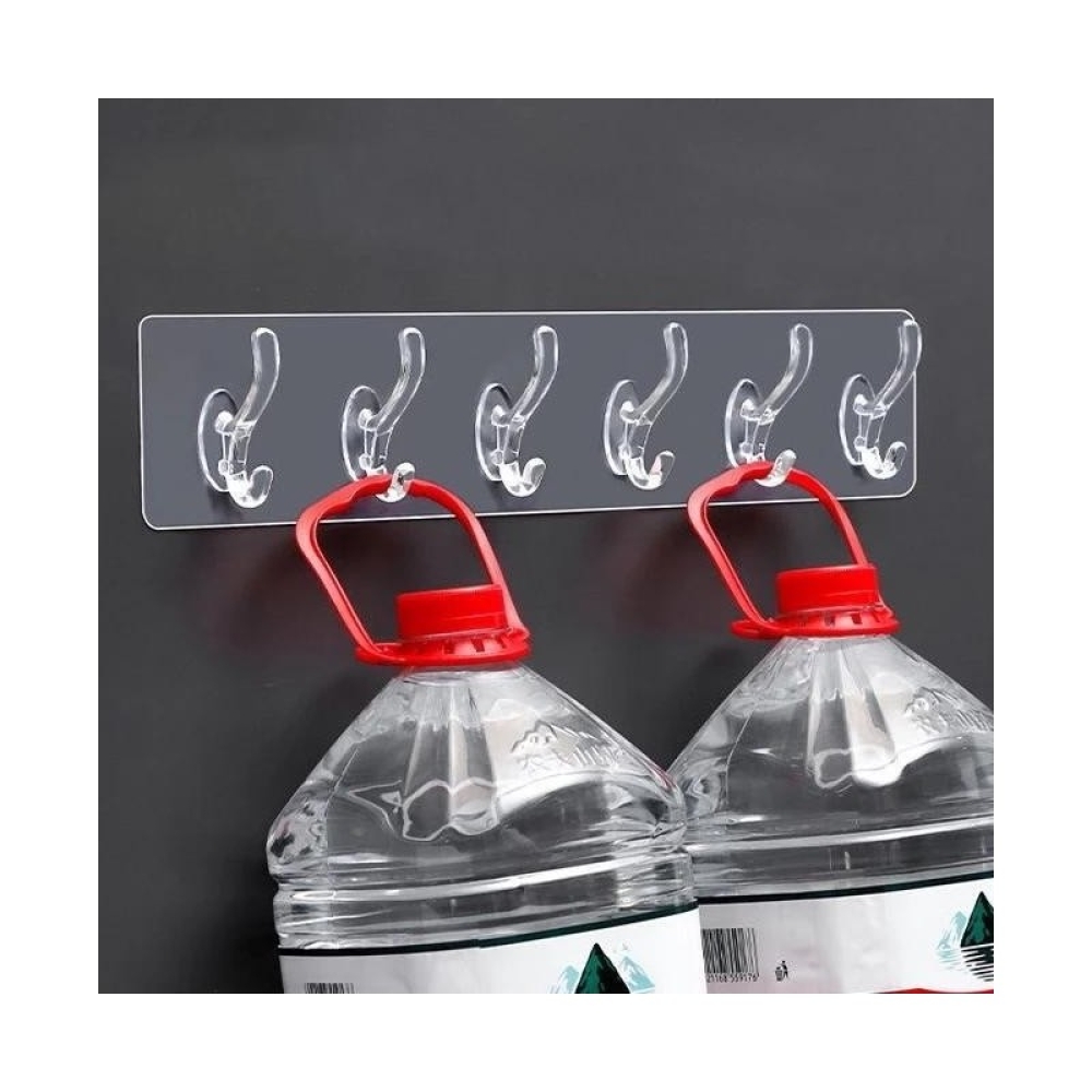  Cuier din plastic cu adeziv puternic si 5 carlige, 35 x 6 cm, Transparent - Engros