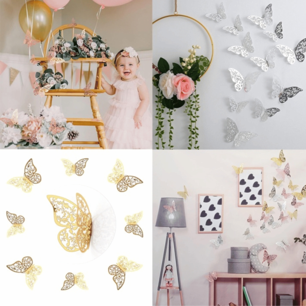  Set Sticker Perete , Fluturi Metalici 3D , Auriu, 12 buc, 11 - 9.5 cm, Auriu, Engros