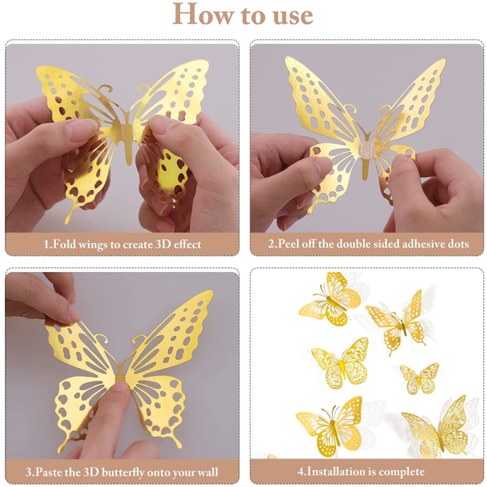  Set Sticker Perete , Fluturi Metalici 3D , Auriu, 12 buc, 11 - 9.5 cm, Auriu, Engros