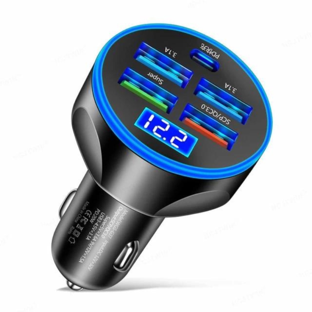  Incarcator auto cu afisaj led, 45W super fast charge, 1 x Tip C, 1 x USB 3.0, corp aliaj aluminiu, universal, negru, Engros