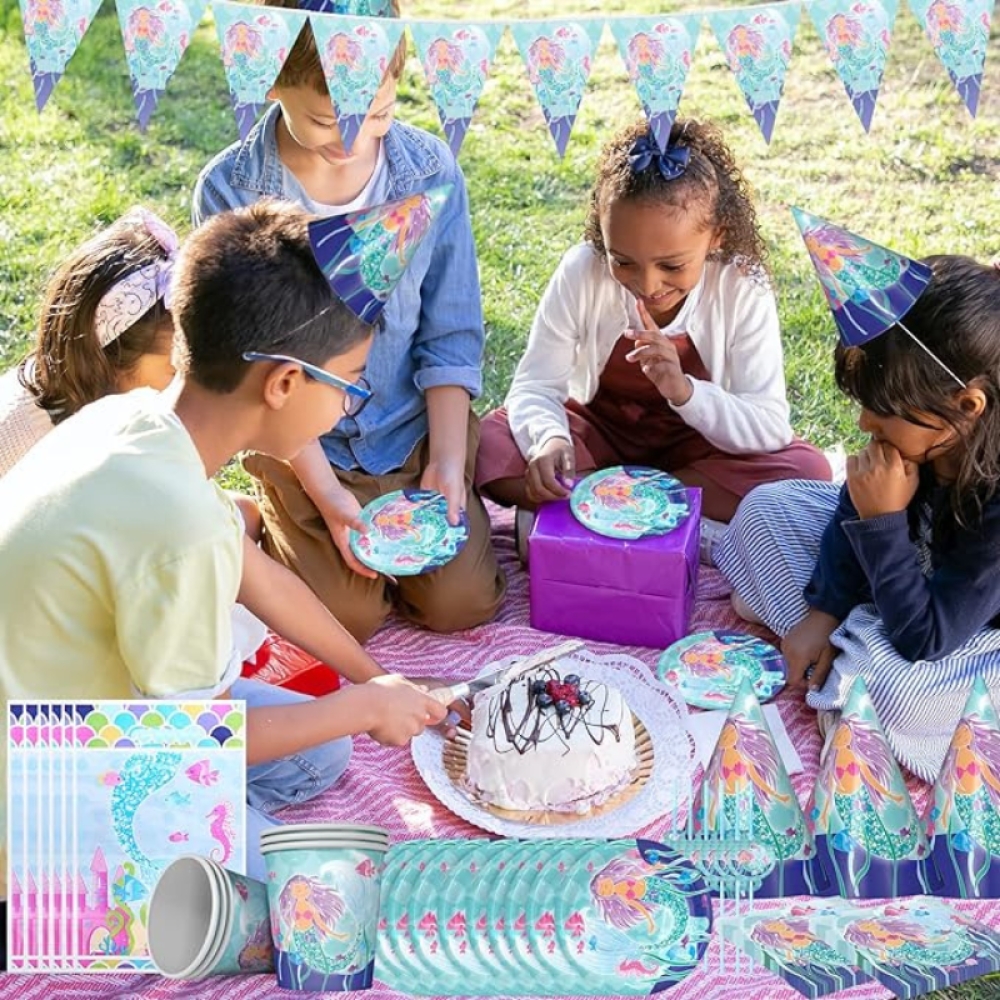  Set Aniversar Mica Sirena - 122 Piese, Farfurii, Pahare, Tacâmuri și Decoratiuni