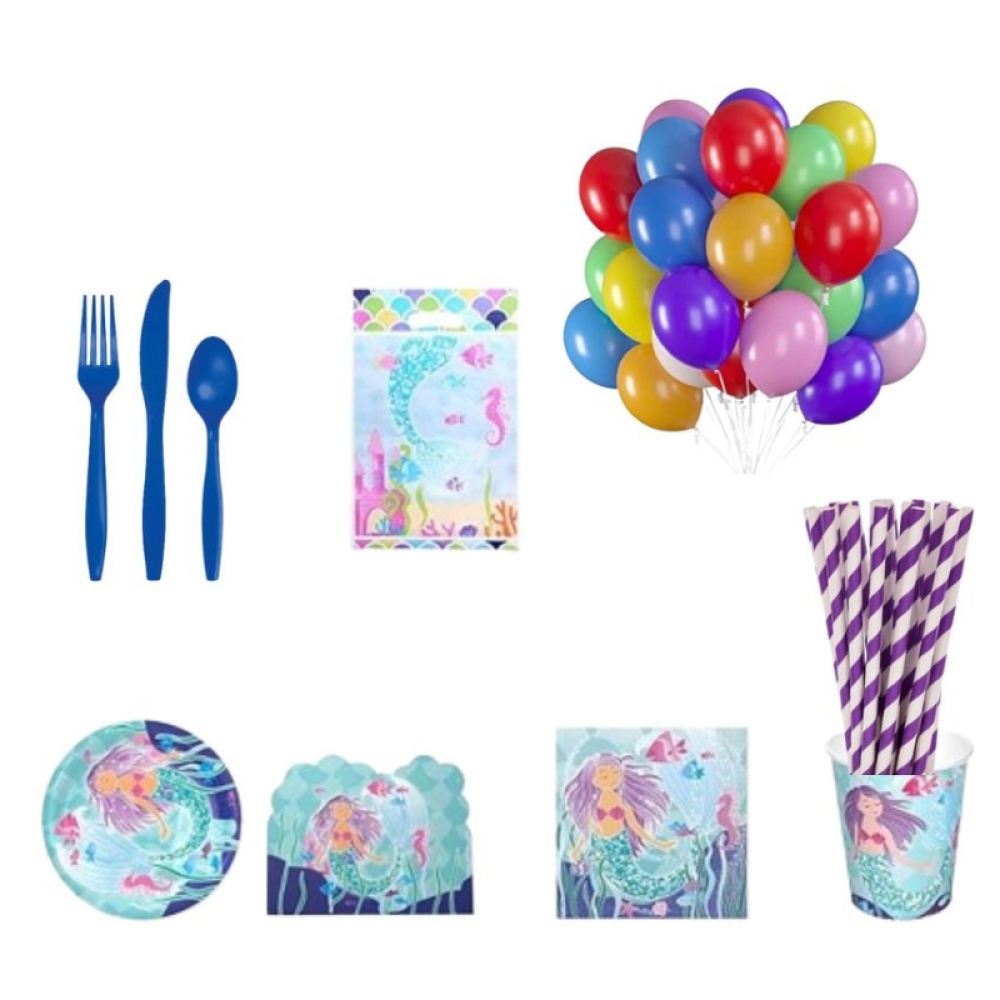  Set Aniversar Mica Sirena - 122 Piese, Farfurii, Pahare, Tacâmuri și Decoratiuni