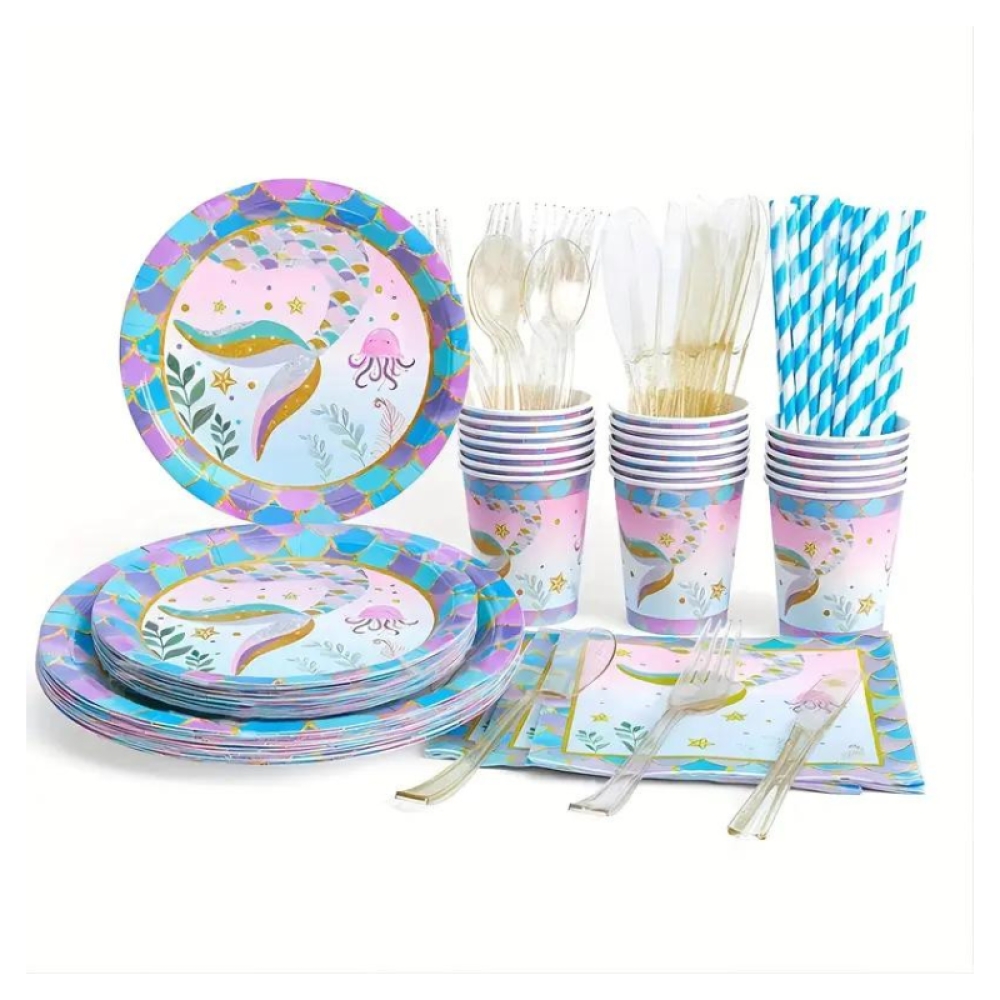  Set Aniversar Sirena - 153 Piese, Farfurii, Pahare, Tacâmuri și Decoratiuni