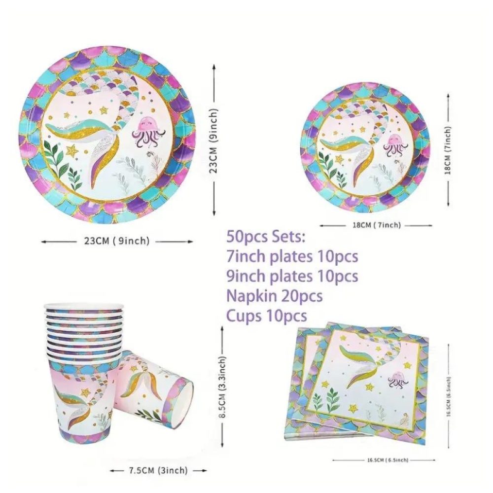 Set Aniversar Sirena - 153 Piese, Farfurii, Pahare, Tacâmuri și Decoratiuni