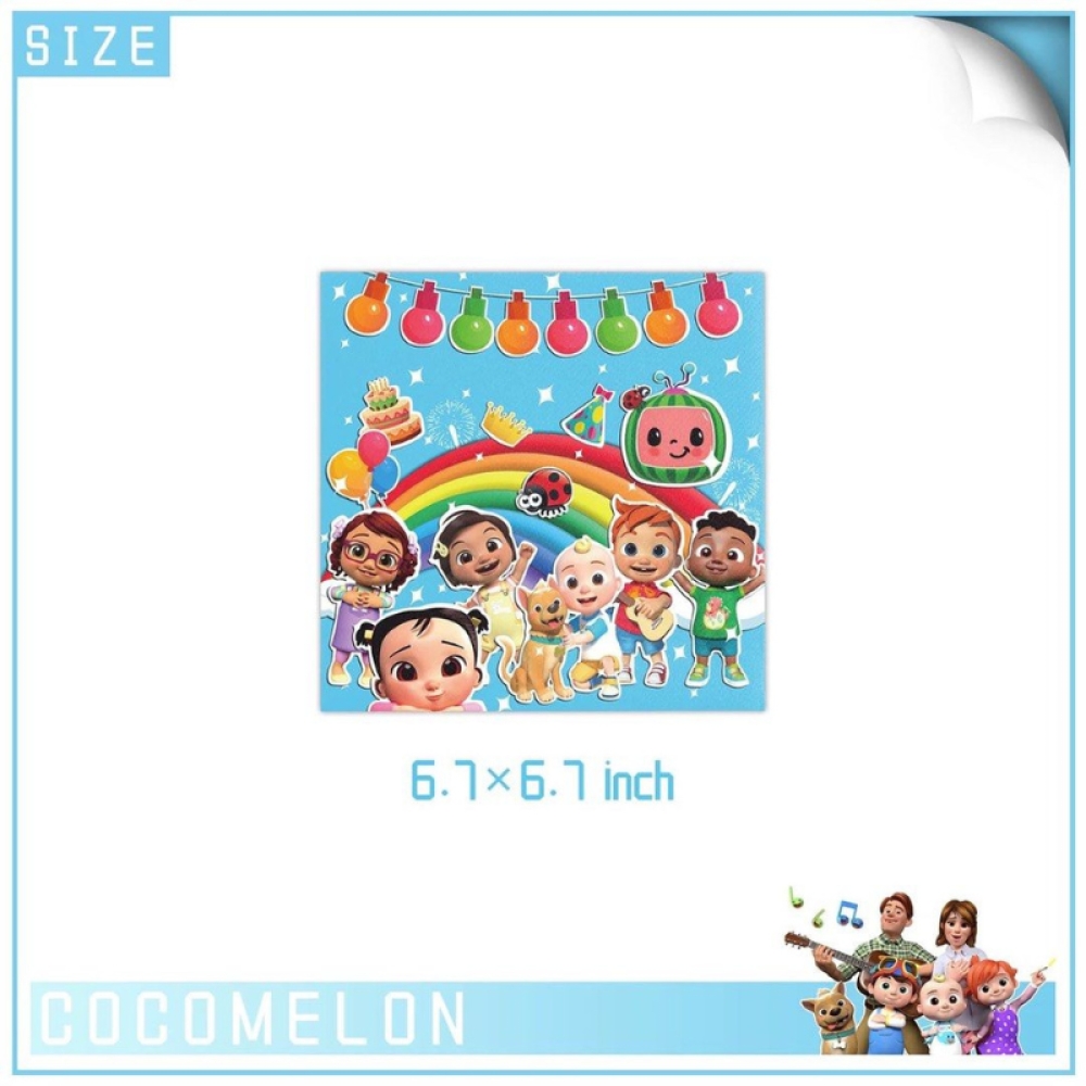  Set Aniversar Cocomelon - 144 Piese, Farfurii, Pahare, Tacâmuri și Decoratiuni