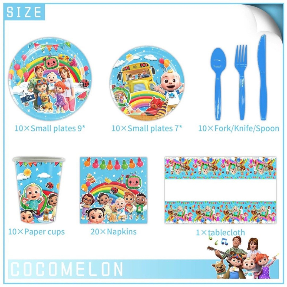  Set Aniversar Cocomelon - 144 Piese, Farfurii, Pahare, Tacâmuri și Decoratiuni