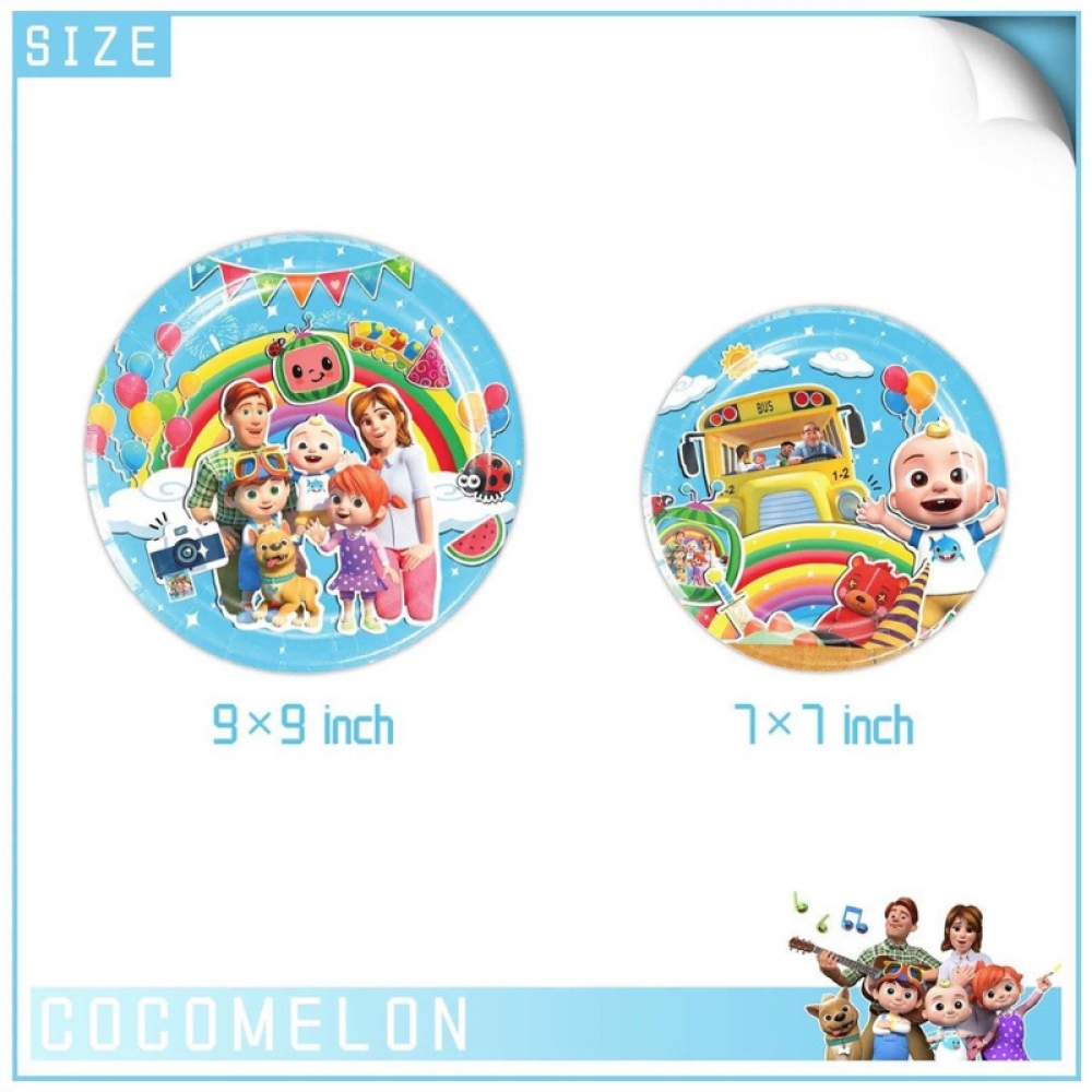  Set Aniversar Cocomelon - 144 Piese, Farfurii, Pahare, Tacâmuri și Decoratiuni