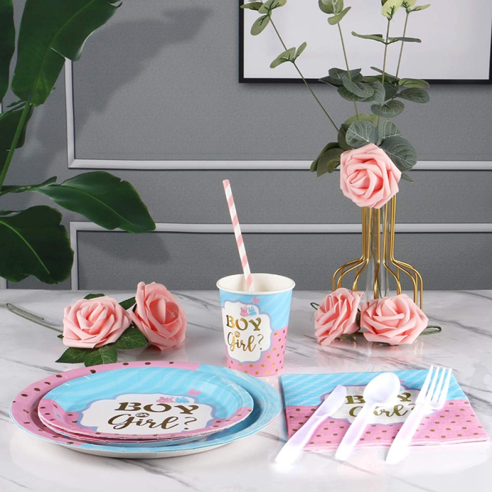  Set Baby Shower, Boy or Girl, 154 Piese, Farfurii, Pahare, Tacâmuri și Decoratiuni