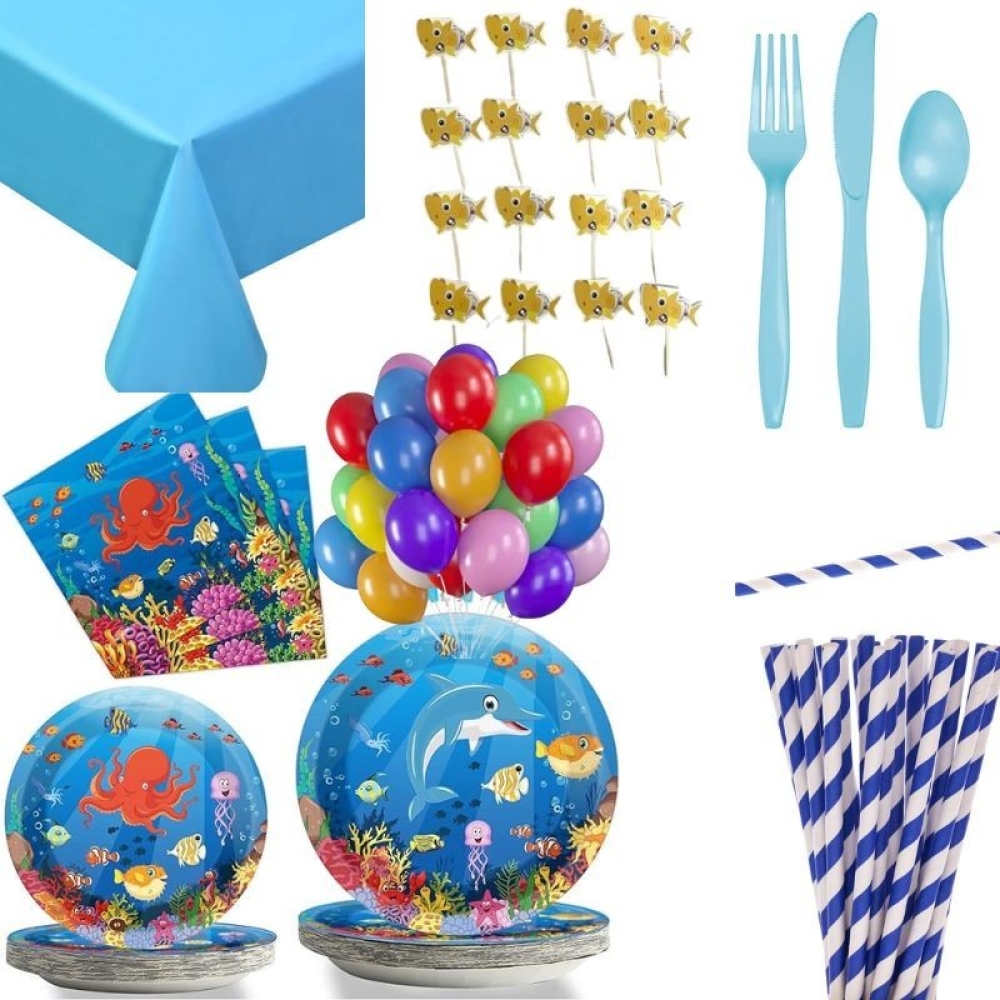  Set Aniversar Tema Pește - 122 Piese, Farfurii, Pahare, Tacâmuri și Decoratiuni - Engros