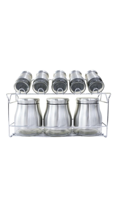 Set Suport și Condimente Premium - 5 Solnițe, 3 Borcane și Suport Elegant