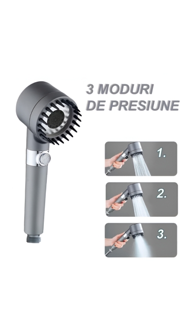 Para Dus cu Perie Masaj,  27 x 6 x 7.5 cm, 3 Moduri Presiune, Filtru pentru Captarea Impuritatilor, Gri Metalic - Engros