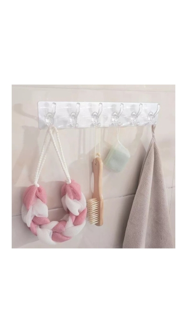 Cuier din plastic cu adeziv puternic si 5 carlige, 35 x 6 cm, Transparent - Engros