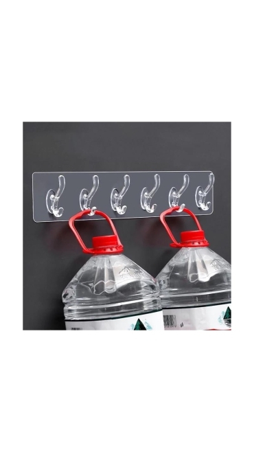 Cuier din plastic cu adeziv puternic si 5 carlige, 35 x 6 cm, Transparent - Engros