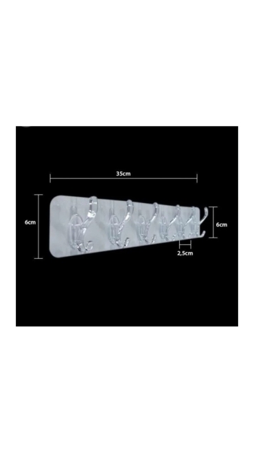 Cuier din plastic cu adeziv puternic si 5 carlige, 35 x 6 cm, Transparent - Engros