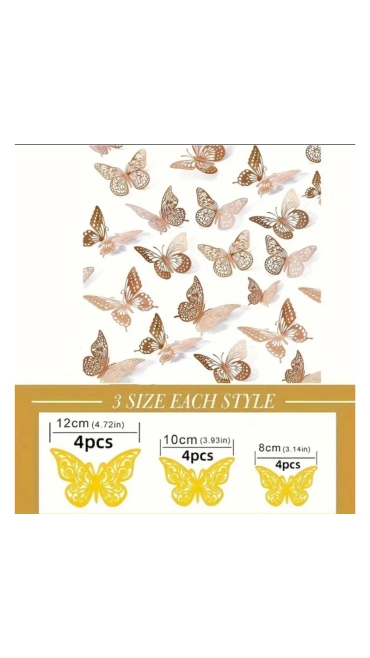 Set Sticker Perete , Fluturi Metalici 3D , Auriu, 12 buc, 11 - 9.5 cm, Auriu, Engros