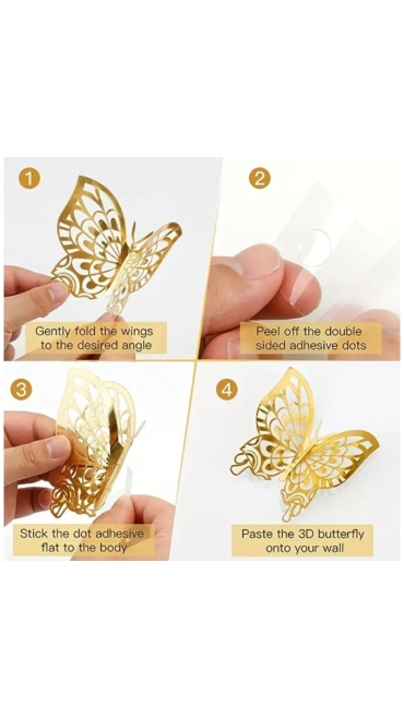 Set Sticker Perete , Fluturi Metalici 3D , Auriu, 12 buc, 11 - 9.5 cm, Auriu, Engros