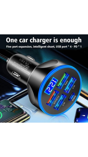 Incarcator auto cu afisaj led, 45W super fast charge, 1 x Tip C, 1 x USB 3.0, corp aliaj aluminiu, universal, negru, Engros