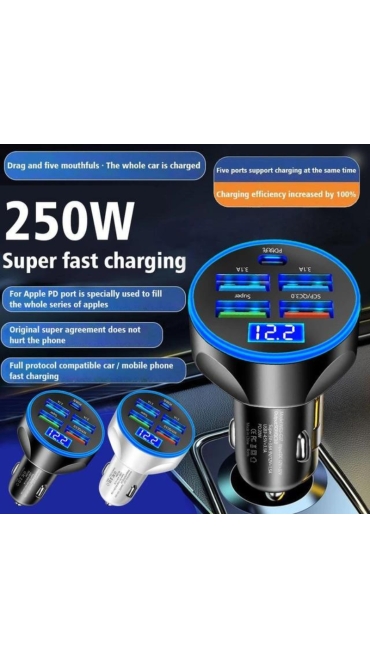 Incarcator auto cu afisaj led, 45W super fast charge, 1 x Tip C, 1 x USB 3.0, corp aliaj aluminiu, universal, negru, Engros